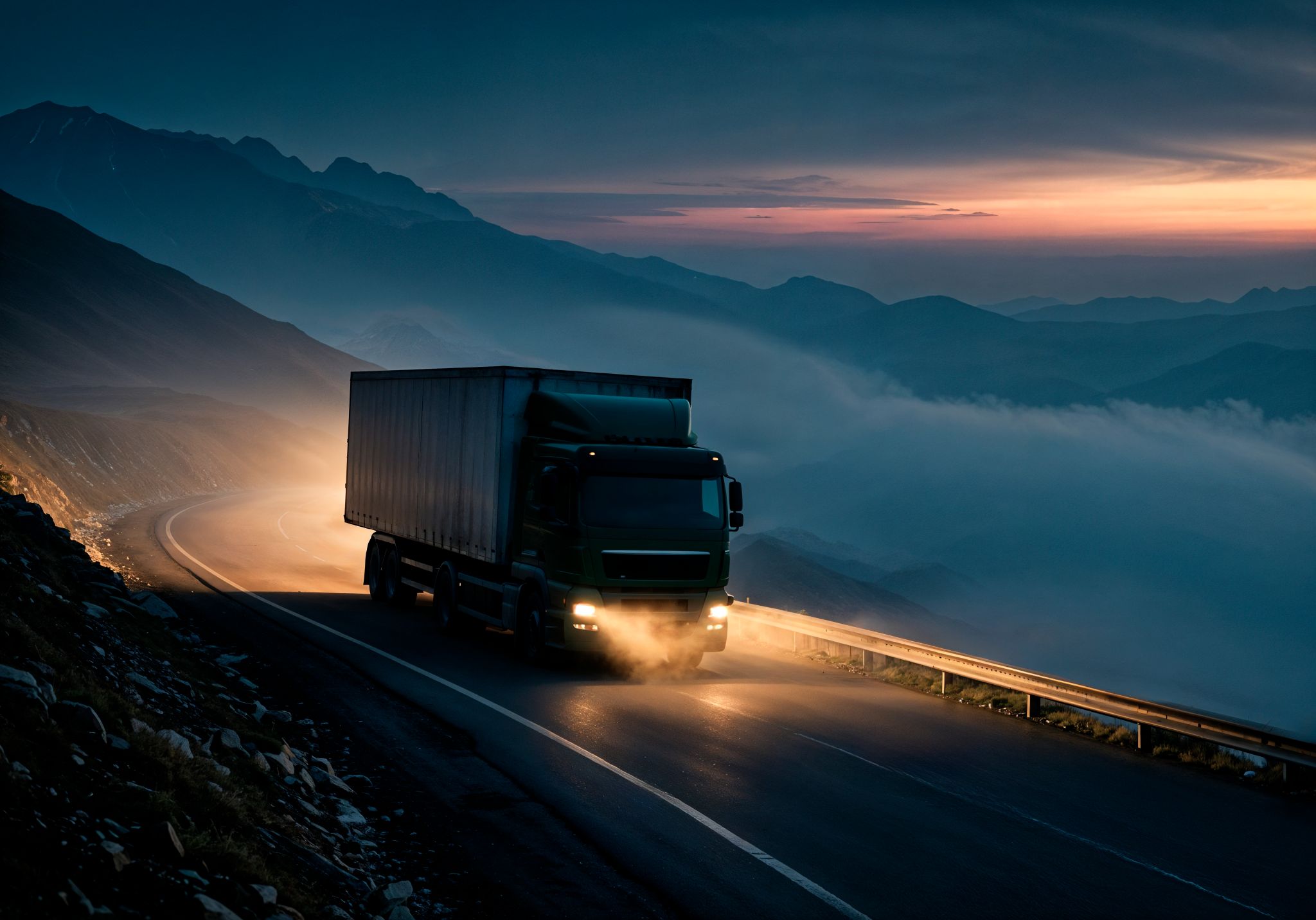 Semi-truck driving on highway at sunset - Professional transportation services